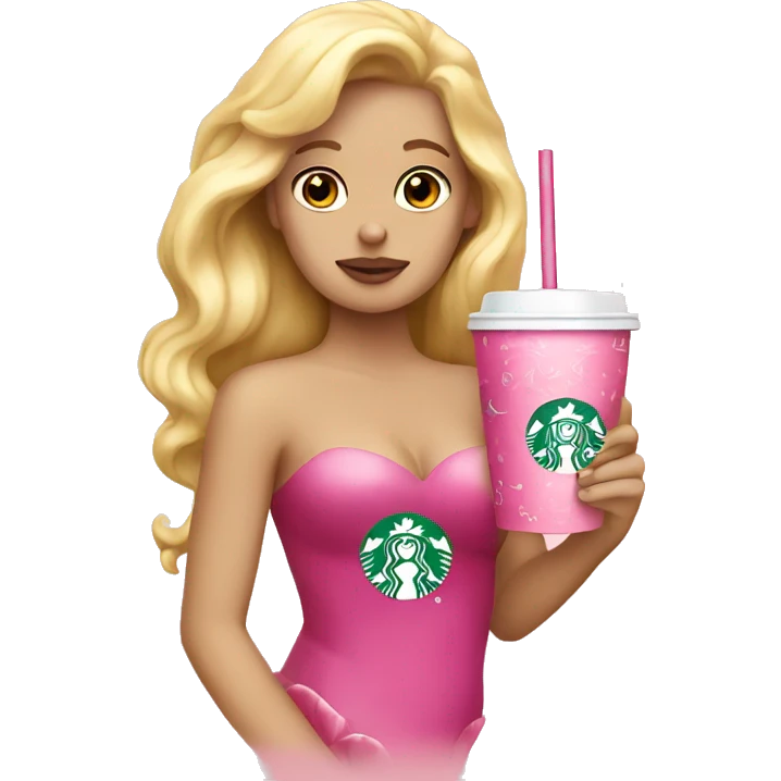 blonde mermaid drinking pink starbucks wearing a pink bow emoji