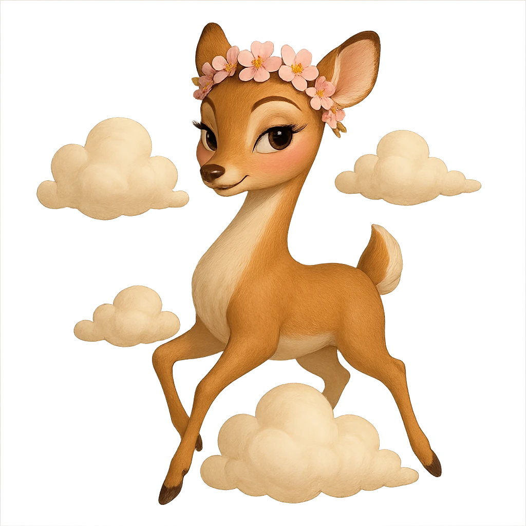 Pixar-inspired elegant feminine vanilla cloud doe, rosy cheeks, cherry blossom crown, floating gracefully, confident charming subtly alluring vibe emoji