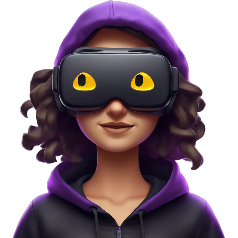 Russian girl wearing black hoody with violet letters "OMG", in vr headset oculus quest2. Dancing. Cyberpunk style. Violet neon. emoji