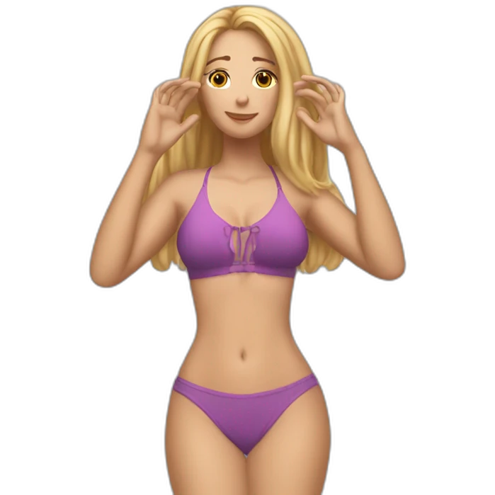 Slim-thicc Caucasian woman bikini hands-in-hair pose (beach body) emoji