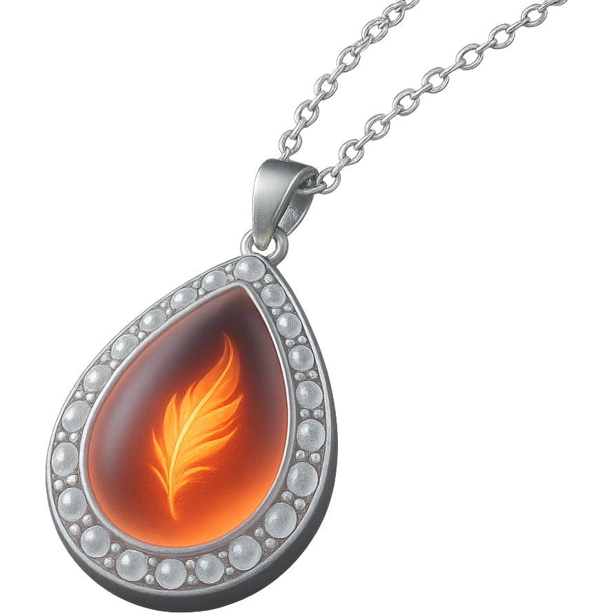 A teardrop ruby pendant with fiery light, a tiny phoenix feather emerging, haloed by shimmering white stones, and a silver chain like liquid moonlight emoji