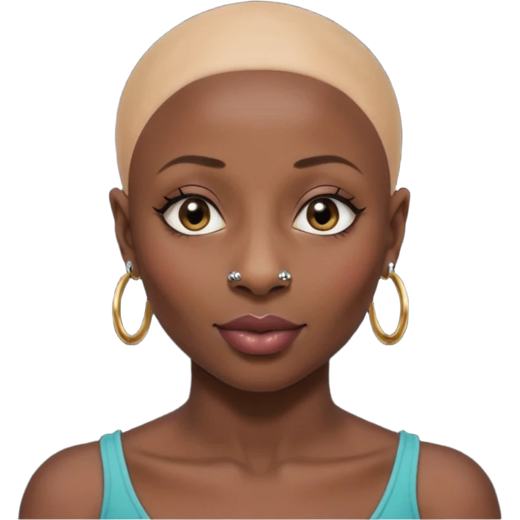 Grown black (proud) woman, bald with a perfect head, a prominent nose with a septum piercing, many piercings on her ears, a gap between her front teeth and very long nails (cynthia erivo) emoji