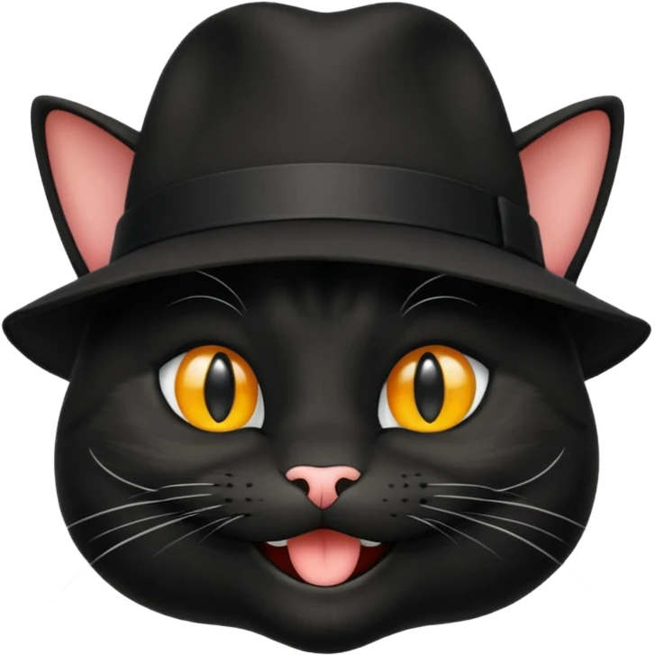 chat de couleur noir portant un chapeau avec un grand sourire emoji