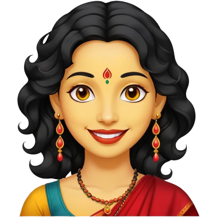"- Phụ nữ
- 35 tuổi
- Da vàng
- Tóc đen xoăn nhẹ
- Có chấm đỏ Bindi, đeo khuyên tai
- Mặt cười
" emoji
