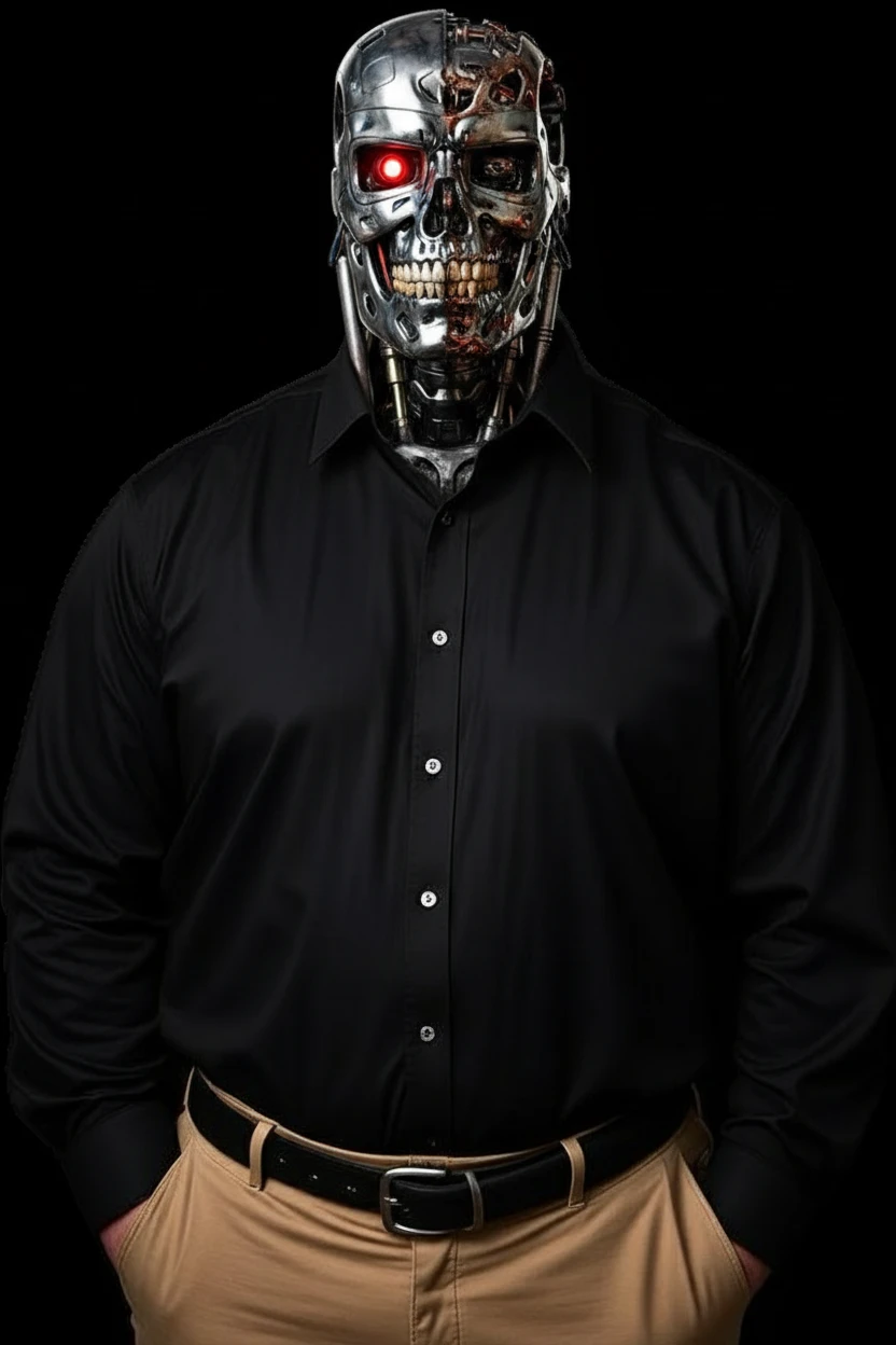 Turn this man into a realistic terminator as depicted in the movies, with part of the robotic structure showing in the face emoji