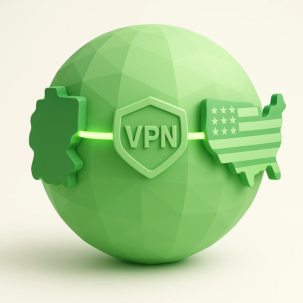 Make the VPN connection line between Germany and USA glow with a green color scheme on a playful 3D globe with realistic shading and depth. emoji