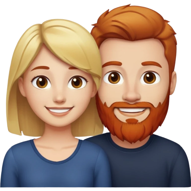 Girl with short brown hair smiling next to man with blonde hair and red beard. emoji