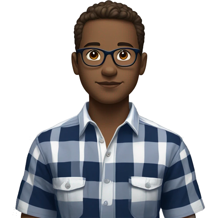 A young male teenager with facial stubble, thick black glasses, neatly trimmed short brown hair, exuding confidence, clad in an unbuttoned navy blue and white checked plaid short sleeve shirt. emoji