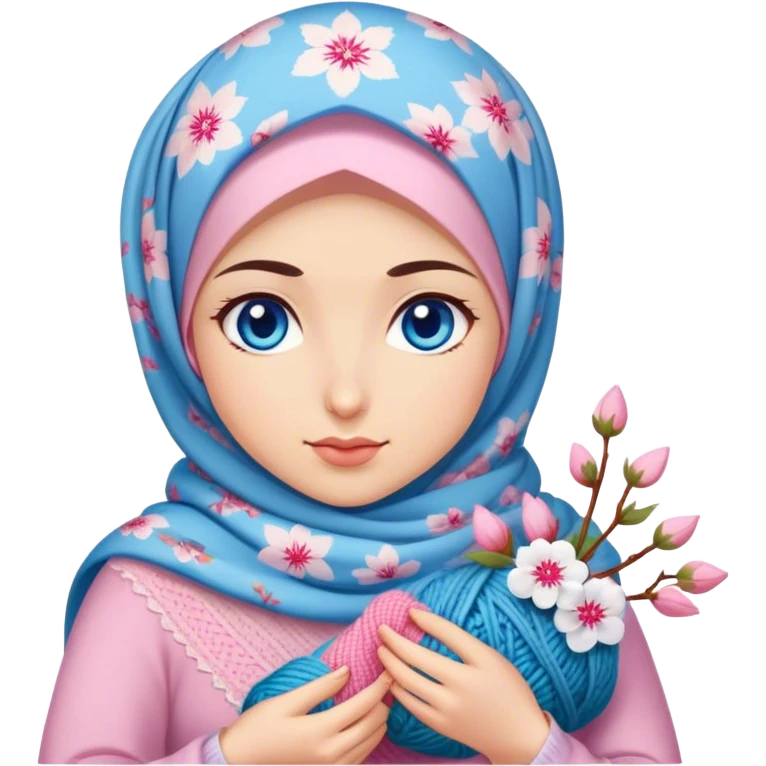 Turkish beautiful finish Konya girl blue eyes with floral hijab does knitting sakura  emoji