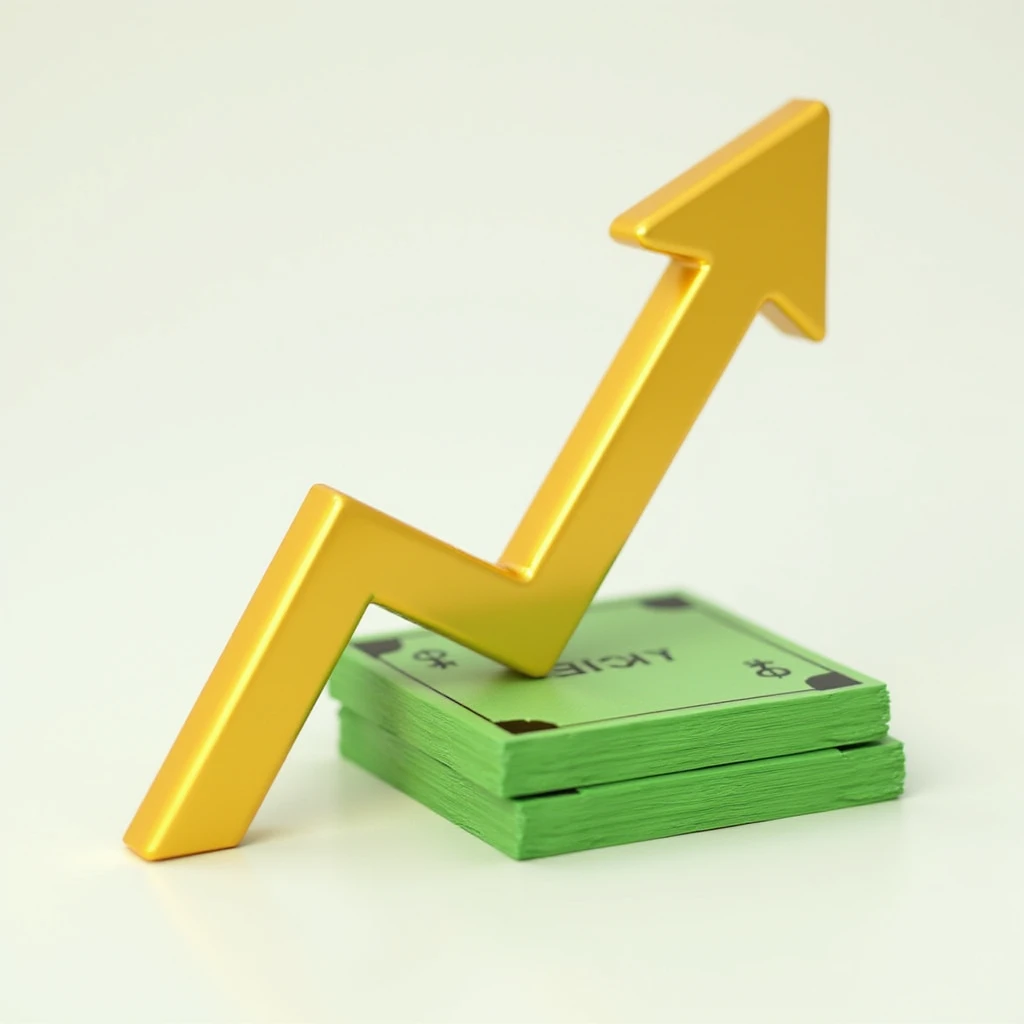3D photorealistic golden arrow pointing right, with a stack of vibrant green money next to it emoji