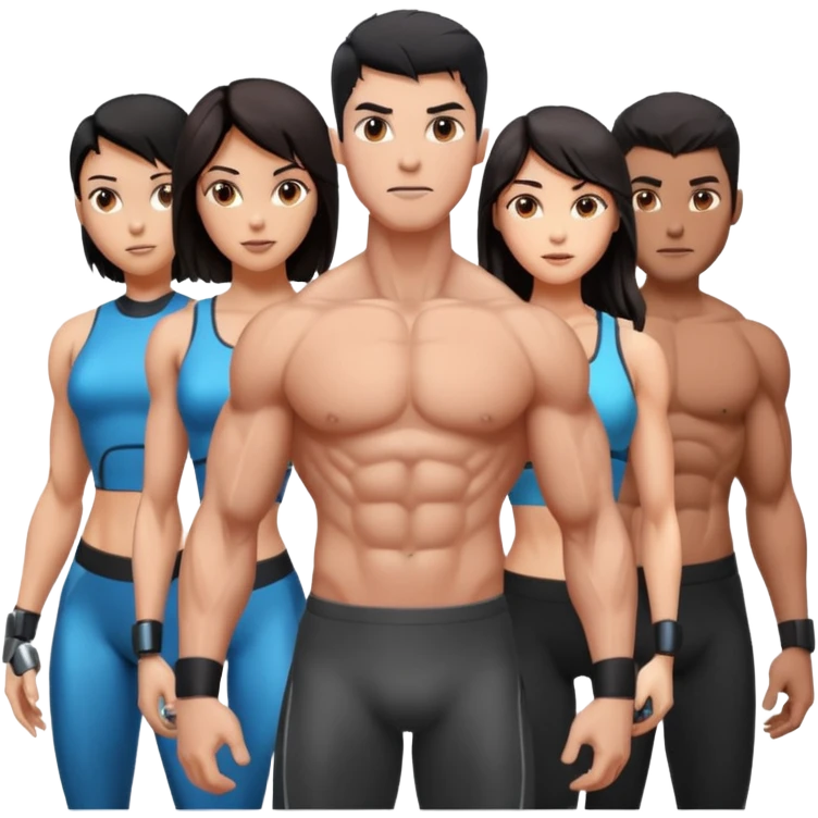 five muscular people, a mix of men and women, each with cybernetic enhancements emoji