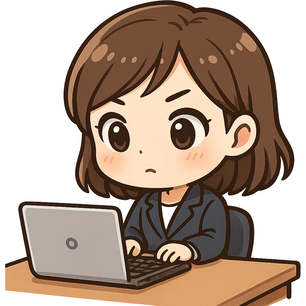 chibi cute Asian woman with brown hair, intently working at her desk, with a keyboard and a laptop emoji