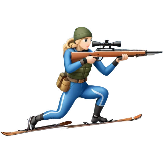 An icon showing a snowy landscape with pine trees, mountains, and a clear sky with a biathlete aiming a rifle in the foreground, wearing winter gear and skis. Transparent background emphasizes the precision, endurance, and beauty of this winter sport. emoji