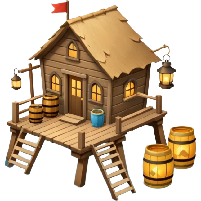 
fisherman house on a wooden pier, small dock, fishing nets hanging, barrels, lantern, ocean vibe, 3D cartoon, cute mobile game icon, clean background, no text
 emoji