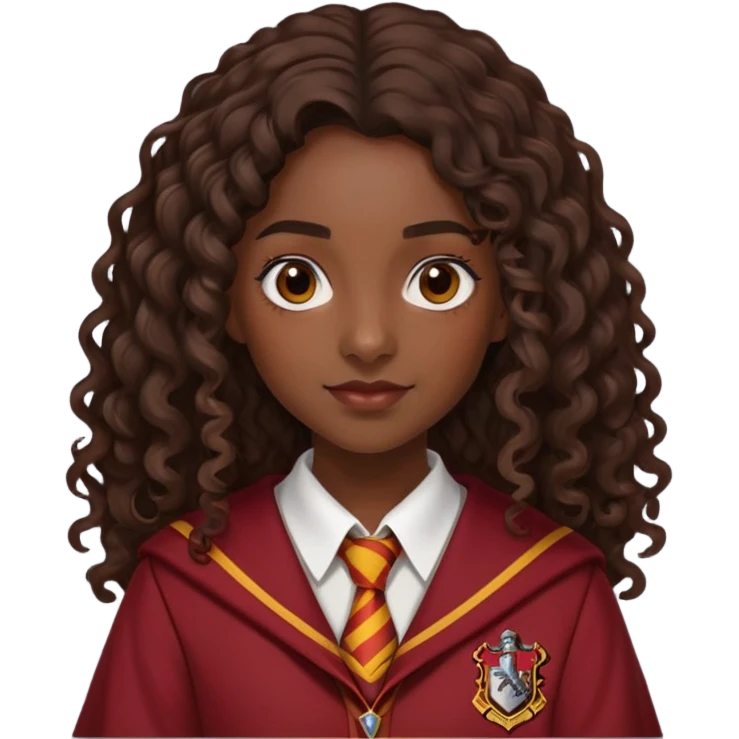 Alicia Spinnet in harry potter, wear hogwarts gryfindor uniform, long, dark, curly or wavy hair, dark skin emoji
