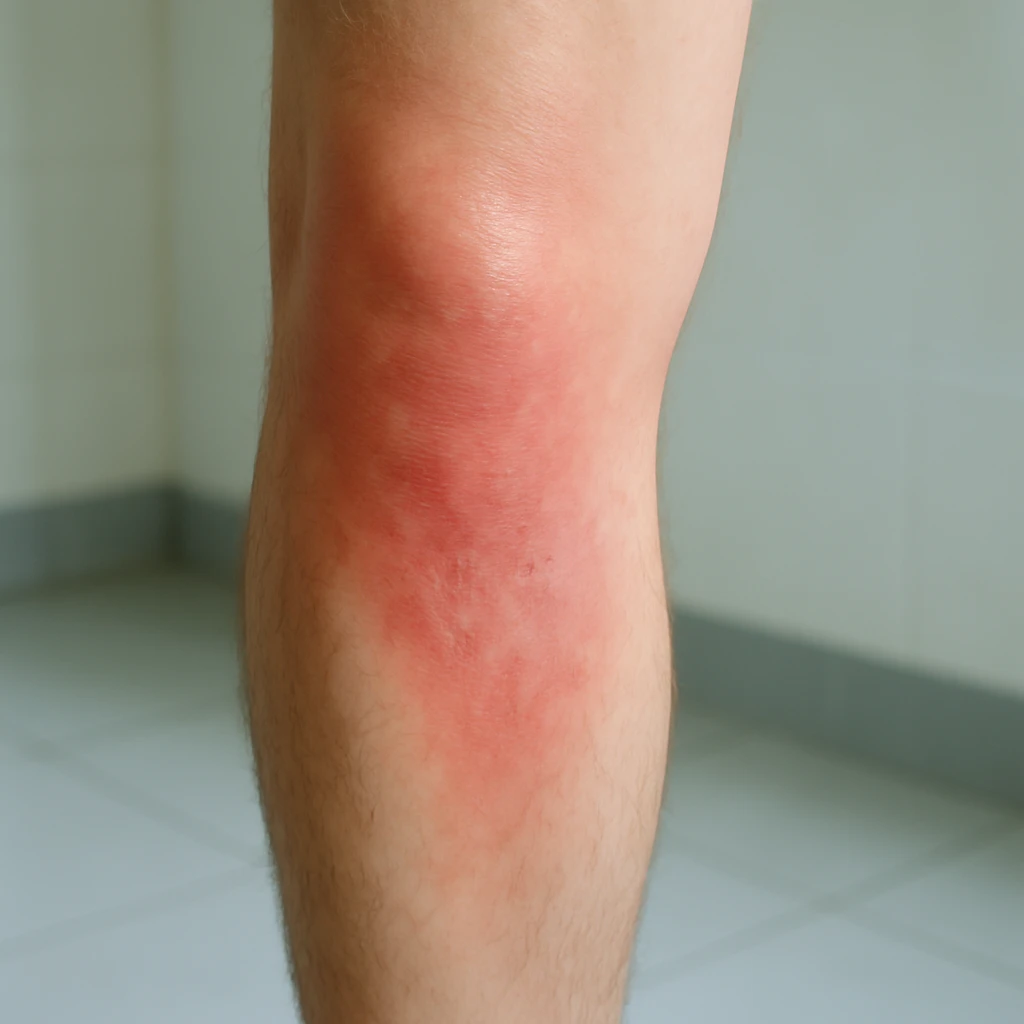 Hyperrealistic human legs in the phase of disinflamation, skin with redness and swelling decreasing, areas gradually transitioning from red to normal, clinical atmosphere, natural light, 4K details. Variant 7, focus on one leg only. emoji