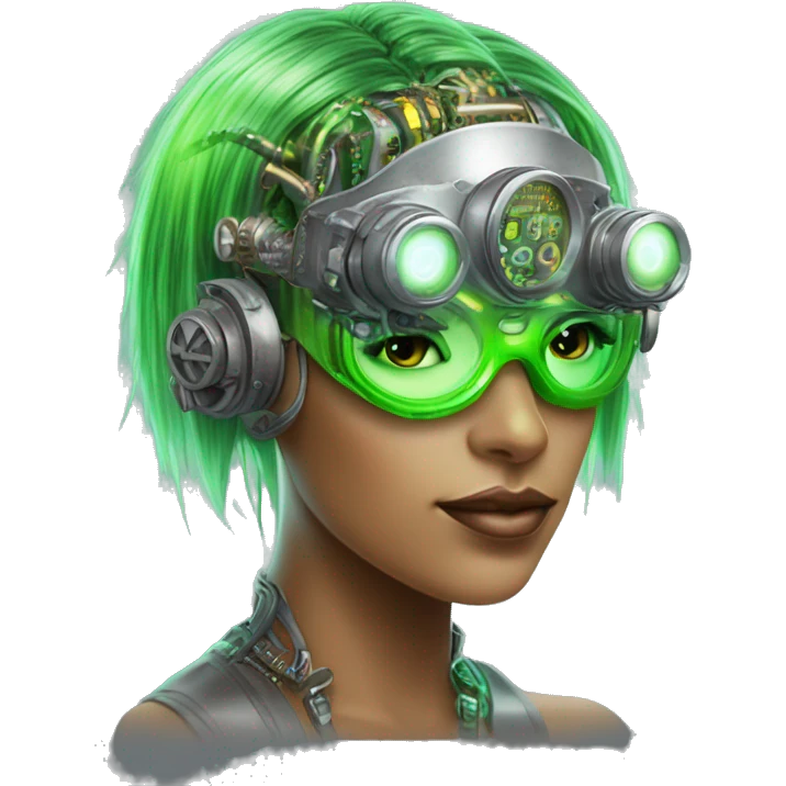 Neon green bobbed hair Latina female cyborg head with silver steampunk goggles and circuits emoji