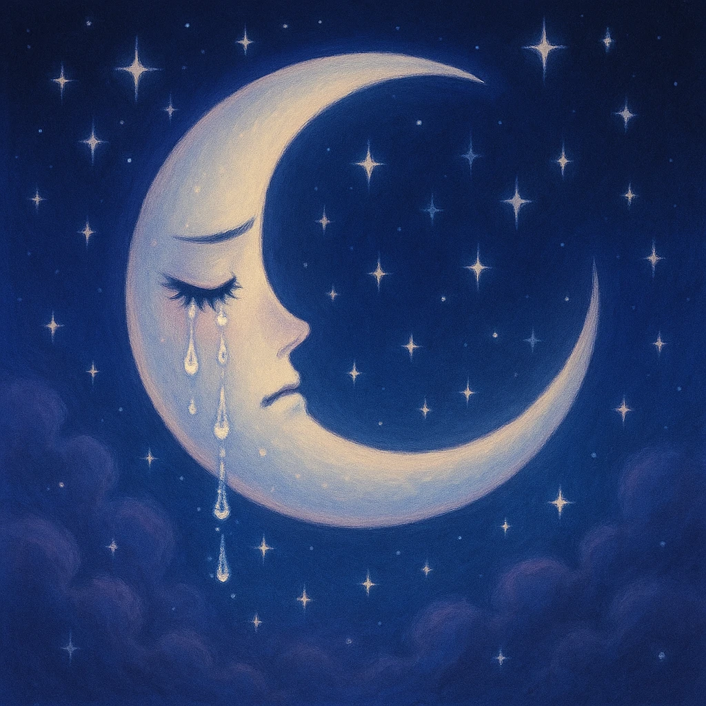 dreamy crescent moon with closed teary eyes, sparkles as tears, surrounded by stars, navy-to-indigo gradient, soft clouds, nightcore aesthetic sadness emoji