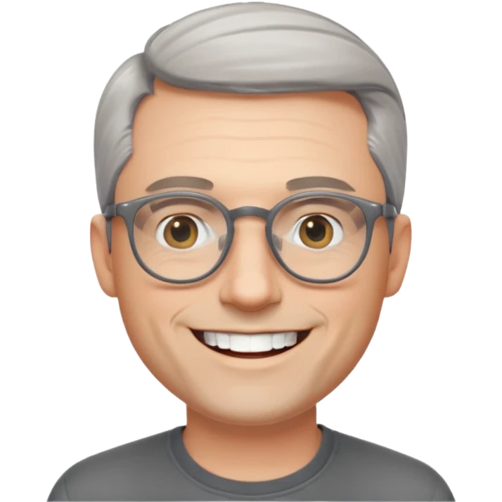 40 yr old pale white man, grey side swept hair, round glasses, big smile, white teeth, handsome emoji