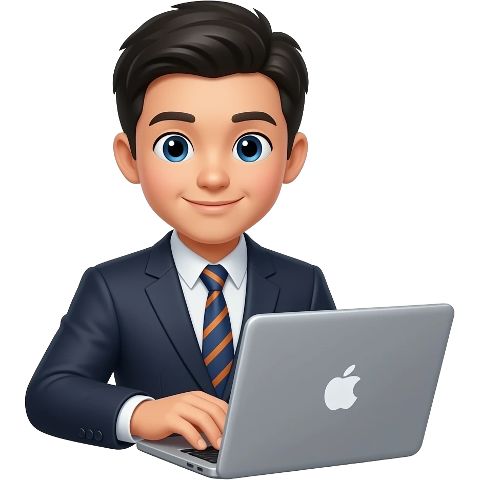 asian teenager behind a laptop typing up, wearing a suit, camera angle is in the front, not the side emoji