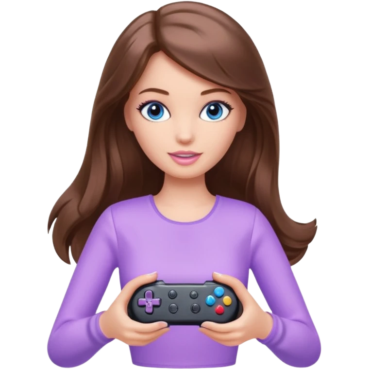 beautiful barbie girl with long brown hair, blue eyes and wearing light purple clothes playing console games with controller emoji