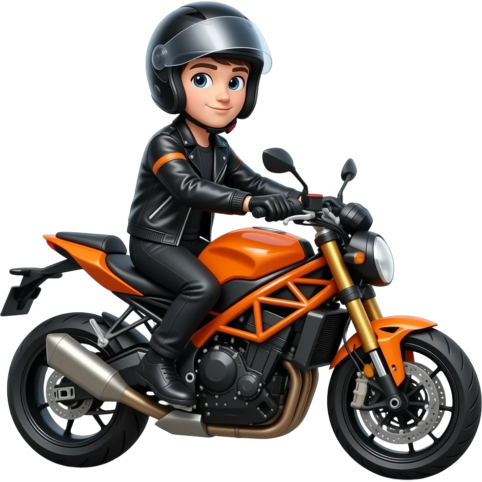 young man with black pants and a black orange leather jacket wearing a black motorcycle helmet is sitting on a orange motrocycle emoji