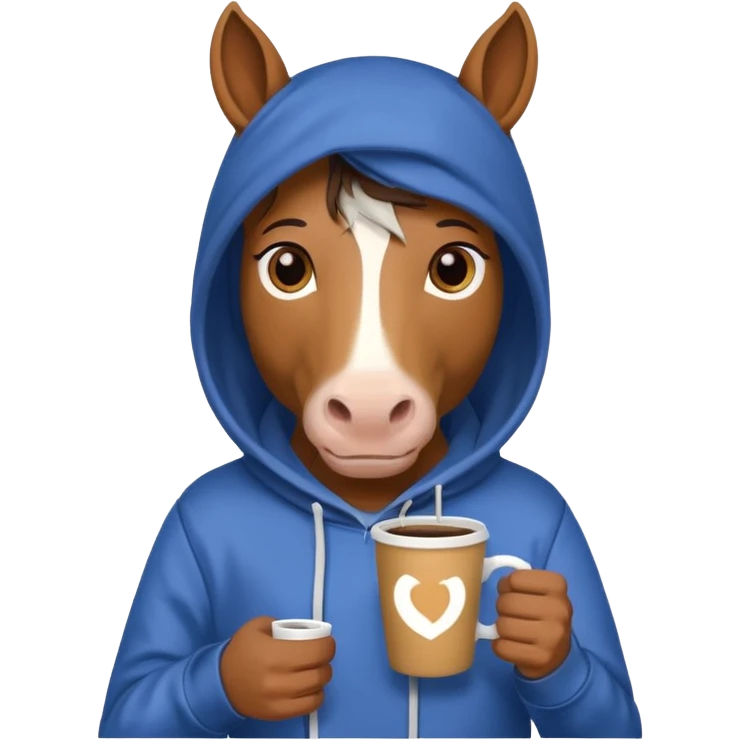  horse with hoodie character holding coffee emoji