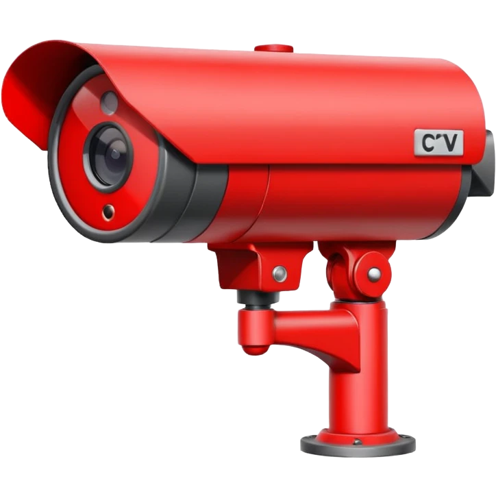Minimalist emoji-style sticker of a CCTV camera with a glowing red record light, facing forward. Flat icon, grayscale with small red accent.
 emoji