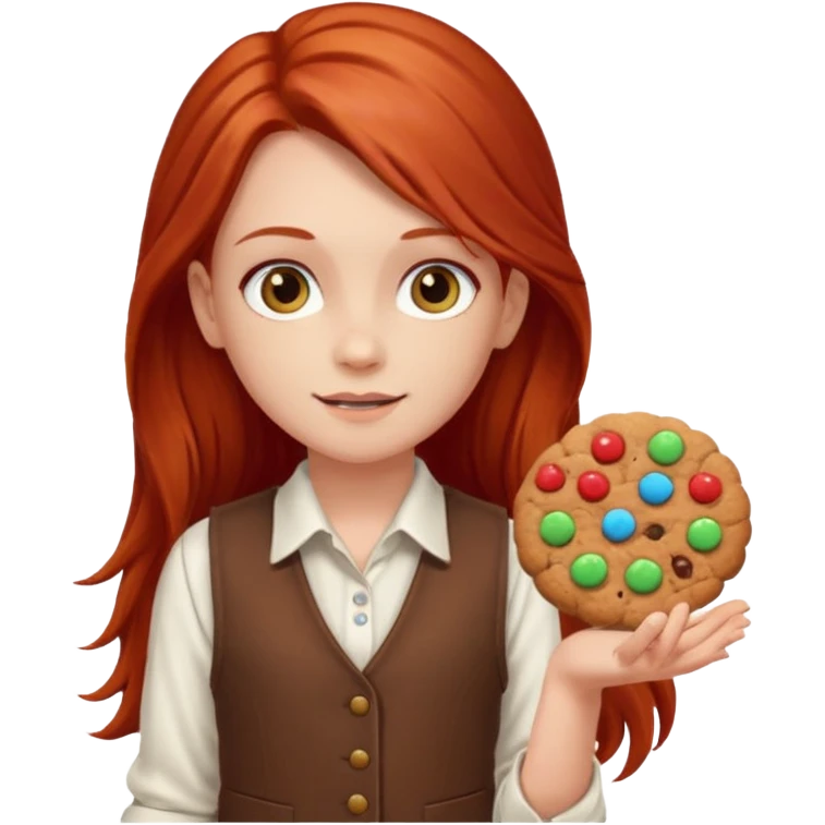 white girl scout with red long hair selling cookies with a brown vest and white shirt under vest. She should be around 10 years old emoji