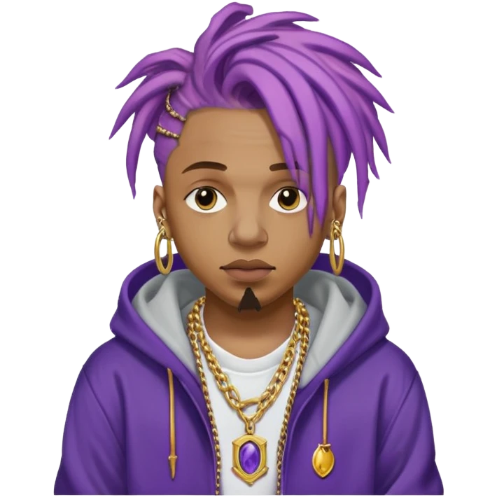 Juice WRLD with purple dreadlocks, 999 tattoo, gold chain, and hoodie emoji