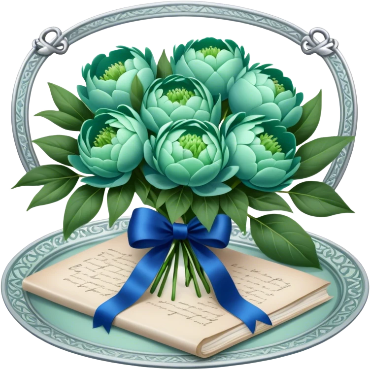 A beautifully ornate silver tray holding a bouquet of soft green peonies and a love letter tied with a deep blue ribbon. emoji