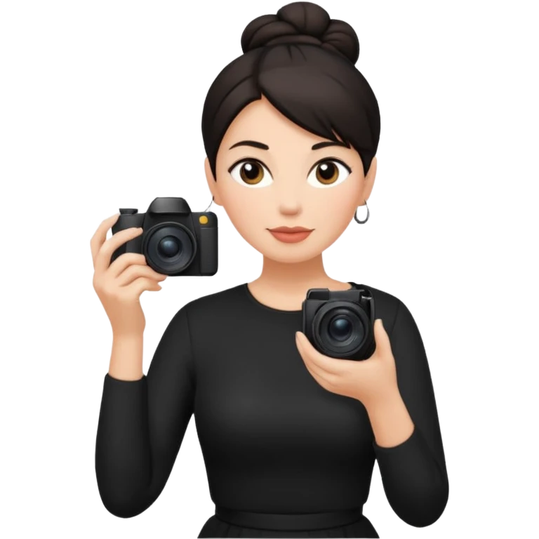 middle aged woman photographer with dark hair in a bun, wearing black clothes emoji