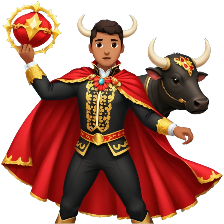 Create a realistic image of a traditional bullfighting scene in a Spanish arena.
Show a bullfighter (matador) HOLDING a red cape (muleta) not wearing one. as a powerful black bull charges toward it. NOT riding the bull. emoji