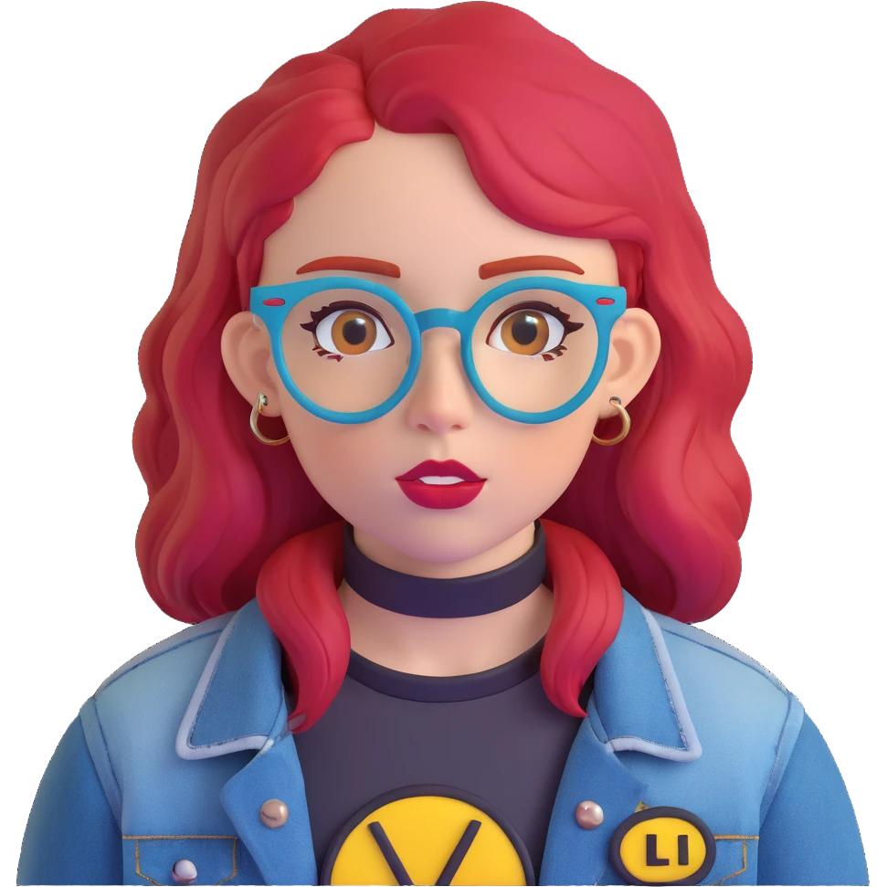 young woman with bright red hair, blue glasses, black choker, septum ring, denim jacket, yellow-red 'LIB' patch, neutral cute expression emoji