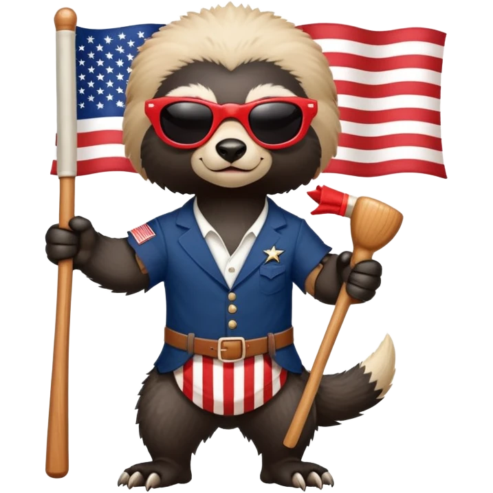 friendly anthropomorphised honey badger in USA Independence Day outfit, wearing sunglasses, holding a club, ready stance emoji