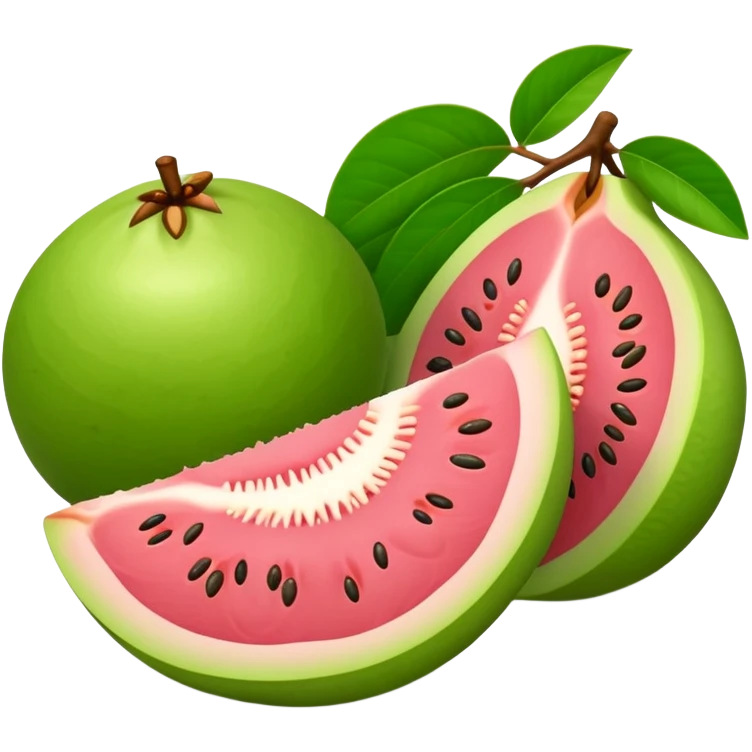 Sliced guava showing pink flesh and small seeds inside emoji