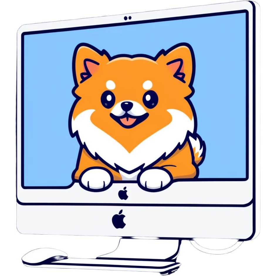 iMac monitor with a Pomeranian dog photo displayed on screen emoji