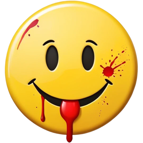 Yellow round smiley face badge with a small red blood splatter emoji