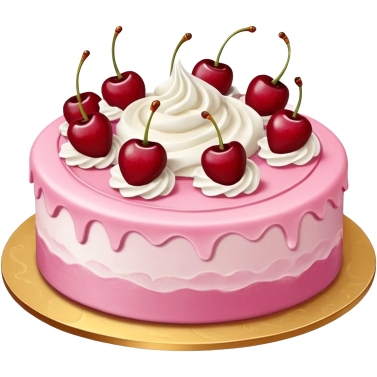 Round pink frosted cake with textured buttercream sides, placed on a gold cake board.
White whipped cream swirls on top, each topped with glossy red cherries with stems, clean studio lighting, isolated background, realistic minimal emoji-style. emoji