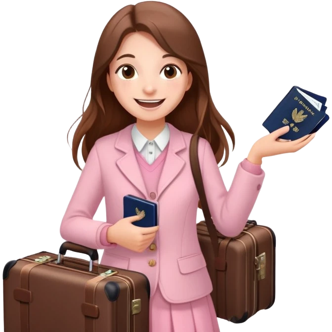 Excited smiling sweetly 🥹🥰🦋 Girl with long brown hair with a suitcase, ready for travel, passport in hand and many butterflies around pale pink  emoji