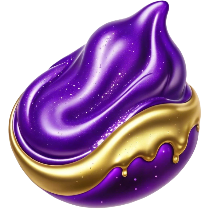 Cinematic Realistic Shiny Slime Mixed with Glitter, thick and glossy with swirling metallic flecks suspended inside, a dynamic mix of deep purple and golden sparkles, light catching every shimmer, flowing smoothly with realistic folds and ripples, glowing with an enchanting, almost liquid-metal effect. emoji