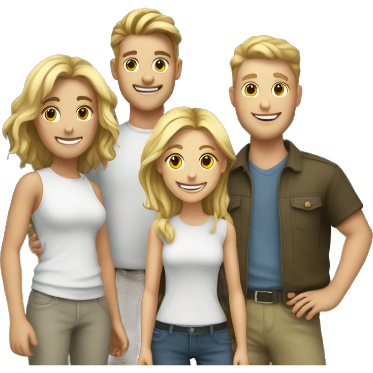 6 smiling white friends outdoors together, 2 male, 4 female emoji