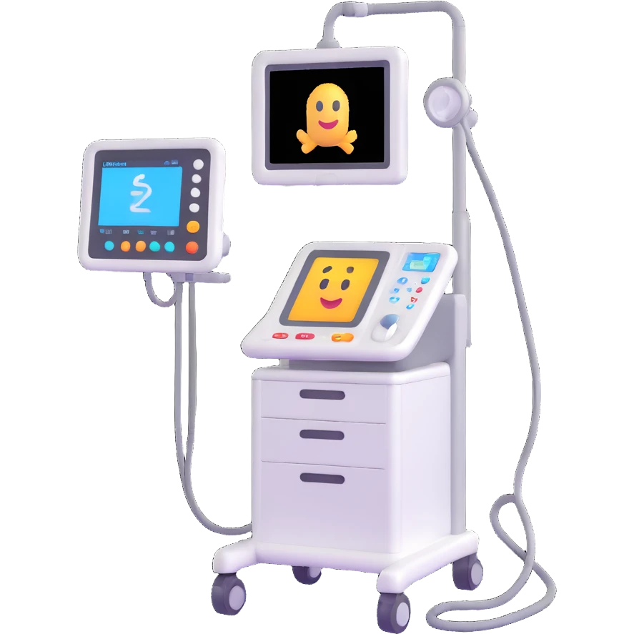 3D emoji-style ultrasound machine, with a display screen and probe, hospital setting emoji