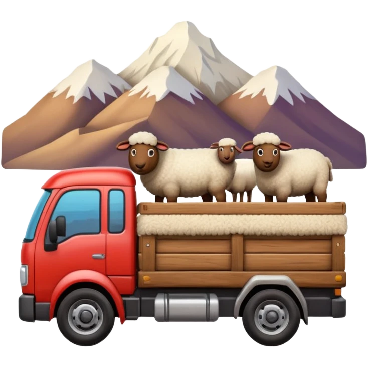 3D emoji of a Peruvian truck transporting sheep in the back, wooden cargo bed, Andes mountain landscape, dusty countryside road, glossy finish, bold outlines, vibrant natural colors, sticker design, transparent background emoji