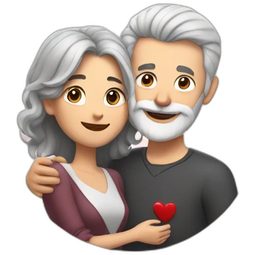 Man with gray hair and white beard hugs woman with dark brown hair with floating hearts emoji