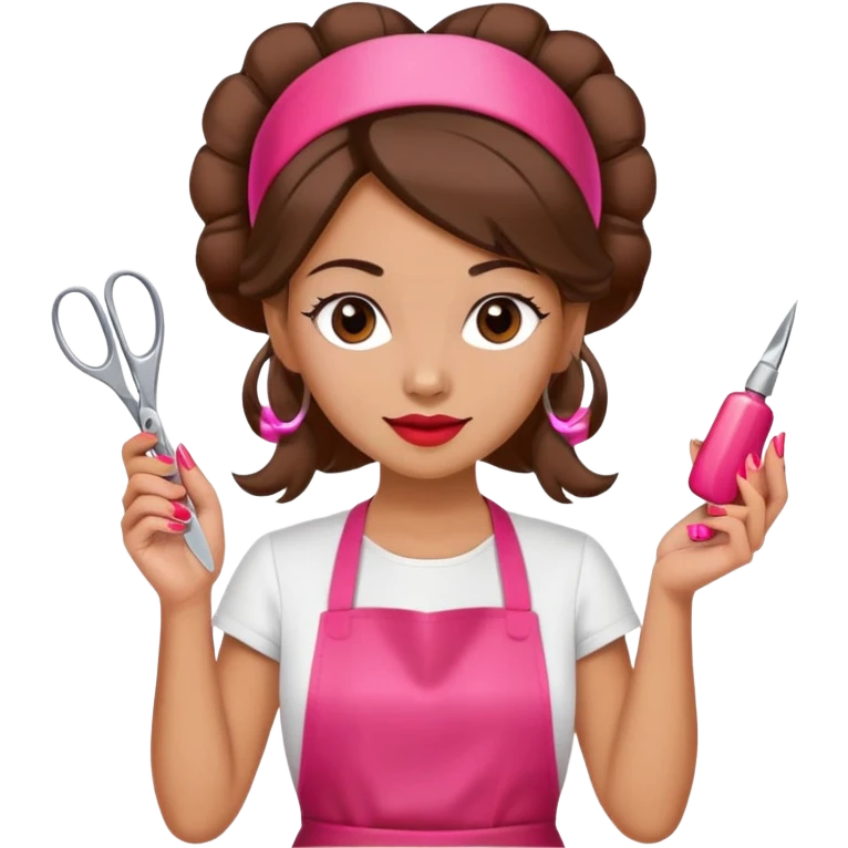 Woman with hair styled in headband, wearing red apron, holding pink nail polish in one hand and scissors in other hand, beauty salon worker emoji