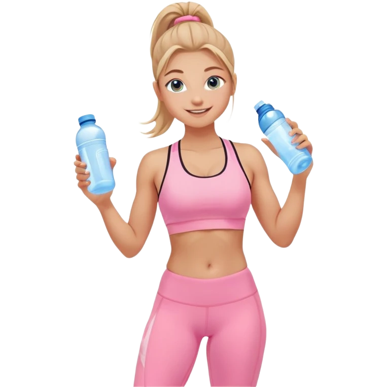 Fit wellness girl – sun-kissed skin, high ponytail, bright blueish eyes, baby pink sports-bra + leggings, holding water bottle, calm confident smile emoji