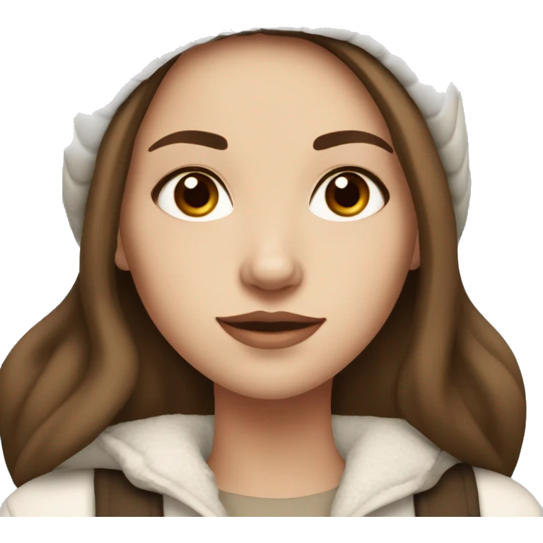 white girl with brown hair and dark brown eyes wearing a white and brown winter outfit emoji