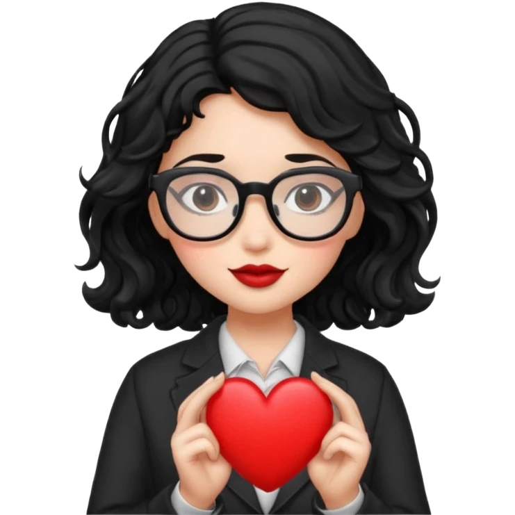 niña con pelo ondulado color negro con lentes negros y tenga un corazon en la mano emoji