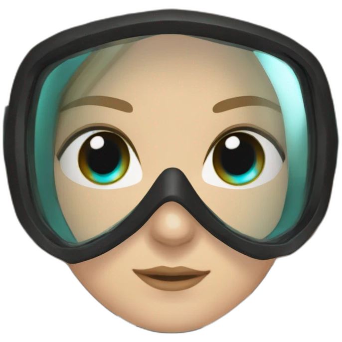 woman large light brown straight hair, black diving mask with a single crystal, tourquese eyes, scubadiving gear emoji